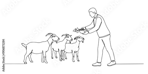 Continuous one line of a person feeding goats on a farm, representing care and interaction with nature, drawn illustration.