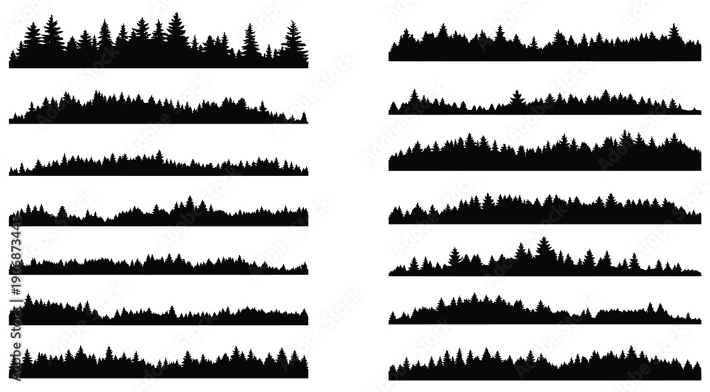 Fototapeta premium Collection of Silhouettes of Forest Trees against White Background.