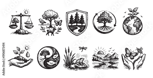 Collection of sketched ecology icons showing environment protection, balance of nature, conservation. Ideal for eco-friendly branding, sustainable living websites, and nature-themed projects.