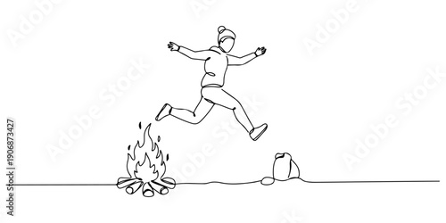Continuous one line of a person jumping over a campfire, symbolizing courage and adventure, drawn illustration.