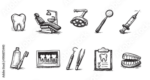 Black and white sketch-style illustration of dental related icons, perfect for illustrating dental health, hygiene, or dentistry concepts. Could be used for educational or promotional materials.