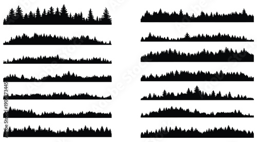 Collection of Silhouettes of Forest Trees against White Background.
