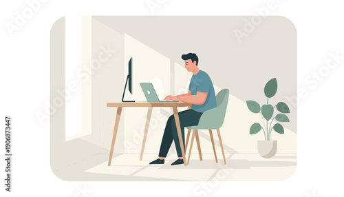 A man works from home at his desk with a laptop and computer, with sunlight streaming through the window, creating a productive atmosphere