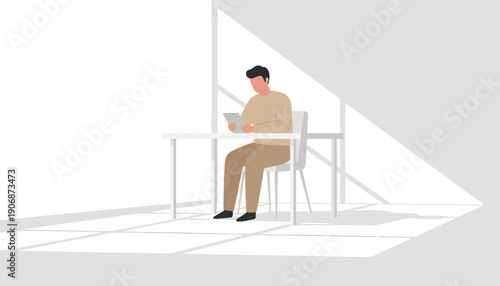 Quiet productivity A focused individual immersed in digital content on a tablet at a minimalist desk, highlighted by natural light and captivating shadows within a contemporary setting