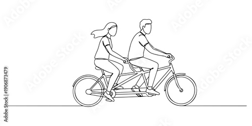 Continuous one line of a person riding a tandem bicycle with a partner, representing connection and fun, drawn illustration.