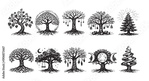 Illustration featuring a set of ten black and white trees, some decorated with moons, charms, swing, and star. Ideal for use in nature, spirituality, or design projects.