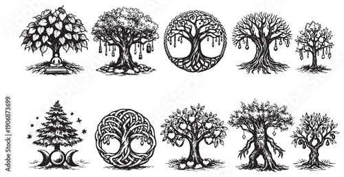 Line art illustration set of fantasy trees. Includes Celtic tree of life, Bodhi tree, enchanted forest. Great for logos, tattoos, or mystical designs.
