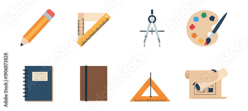 Educational and artistic tools illustration on black background
