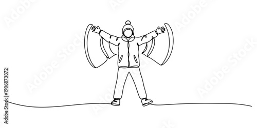 Continuous one line of a person making a snow angel, representing joy and winter fun, drawn illustration.