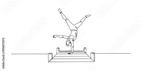 Continuous one line of a person performing a handstand on a dock, symbolizing balance and playfulness, drawn illustration.