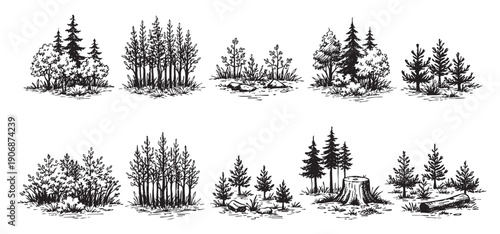 Black and white vector illustration featuring various hand-drawn tree and bush silhouettes. Ideal for nature-themed design, cards, backgrounds, and illustrations.