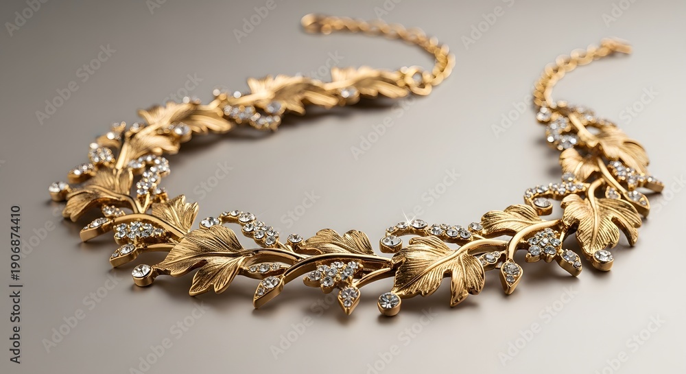Obraz premium Intricate gold necklace featuring delicate leaf motifs and sparkling diamonds, elegantly displayed on a smooth gray surface.