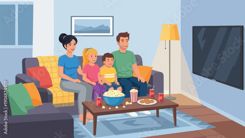 Family watching TV in living room with popcorn and drinks