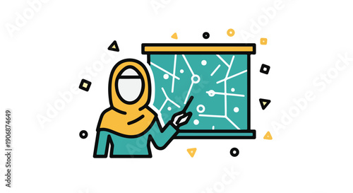 Muslim woman in hijab teaching science or technology on whiteboard. Diverse education, professional development, and learning. Modern vector art.