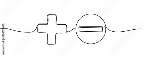 One continuous line of plus and minus signs. Minimalist line art drawing of mathematical addition and subtraction symbols in one line art style. Vector illustration symbolizing positive and negative, 