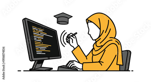 Muslim woman in hijab learning coding on computer, online education, technology and innovation, graduation cap symbol