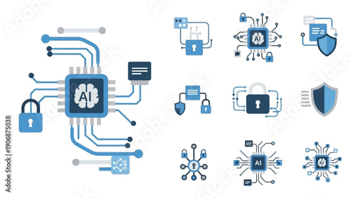 Artificial Intelligence Chip and Security Icons Set.