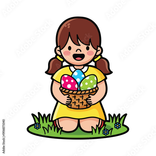 Young girl happily holding easter eggs in basket outdoors