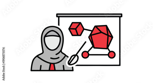 Muslim woman in hijab teaching geometry or science with molecular models on a whiteboard, educational concept