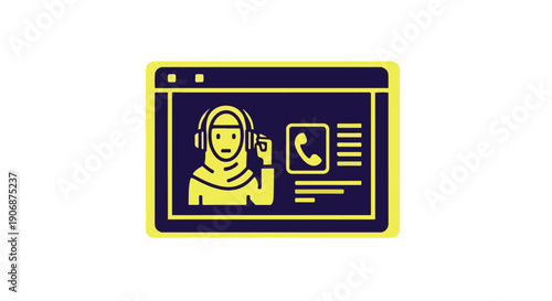 Customer service icon with woman in hijab wearing headset on computer screen, representing online support and communication