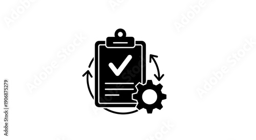 Clipboard with Checkmark and Gear Icon.
