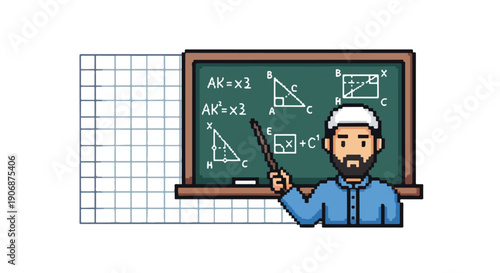 Male math teacher with beard and cap explaining complex geometry and algebraic equations on a blackboard, illustrating educational concepts and academic learning.