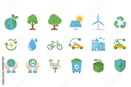 Colorful ecofriendly and sustainability icons collection featuring renewable energy recycling and green living concepts