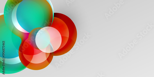 Abstract circles overlap, creating vibrant color blends. Gradient shades transition from teal to red, over gray background.