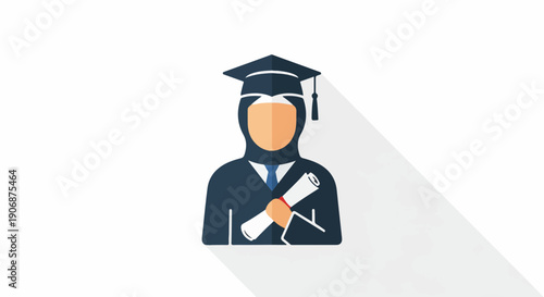 Flat design icon of a female graduate student in a hijab, holding a diploma, symbolizing academic success, higher education, and achievement.