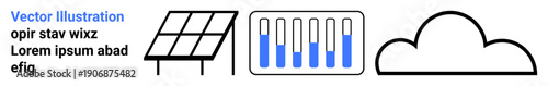Solar panel system alongside battery indicators and cloud symbol, representing clean energy, eco-friendly technologies, power storage, cloud-based energy management, sustainability. Ideal