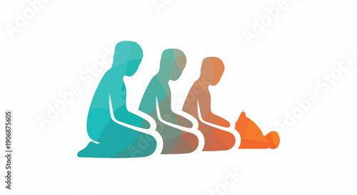 Colorful vector illustration of three stylized figures kneeling in a row, symbolizing prayer, meditation, worship, and spiritual devotion, on white background.