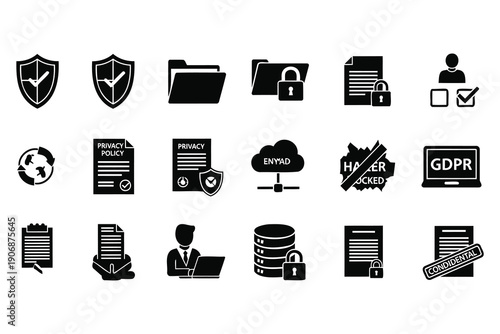 Comprehensive collection of cybersecurity and data protection icons featuring shields folders locks and policy documents