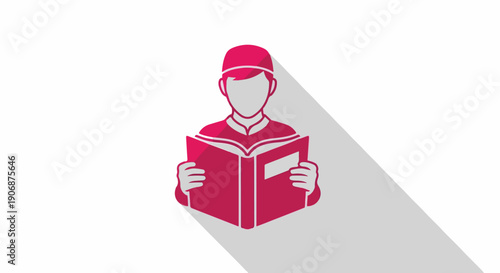 Flat design icon of a person wearing a traditional cap, diligently reading an open book, symbolizing education, knowledge, and religious or cultural study.
