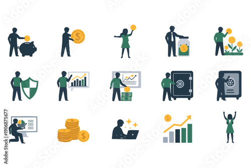 Colorful flat design icons depicting various financial and business activities including saving investing and growth concepts