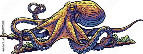 Golden octopus camouflaged against sea reef rocks and moss