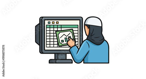 Muslim woman in hijab using computer for financial analysis and data visualization on a spreadsheet