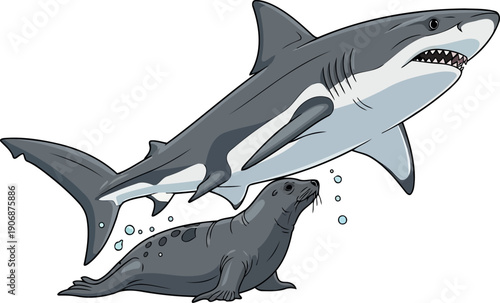Great white shark chasing a gray seal in the open ocean
