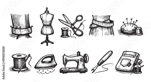 Black and white sketch illustration featuring various sewing tools like sewing machine, iron, scissors, mannequin, thread, and pincushion. Ideal for blog posts, articles, or designs.