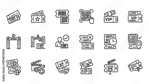 Collection of event ticket and access icons in a linear style.