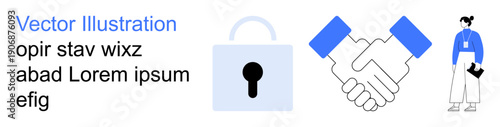 Business ethics, trust, security, teamwork, partnerships, online safety. A lock, handshake and professional figure. Trust and security collaboration and data protection in daily operations