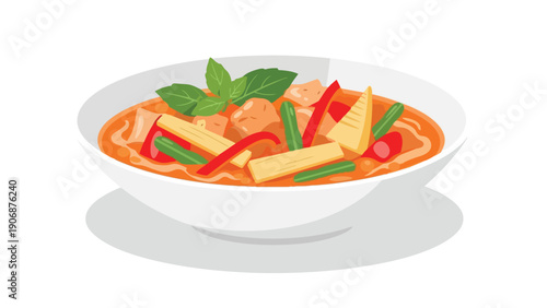 Delicious red curry with chicken, vegetables, and basil illustration. This vibrant dish perfectly captures the essence of healthy, flavorful Asian