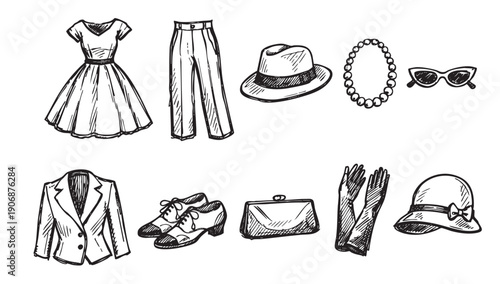 Line art drawing of vintage fashion items, including a dress, pants, blazer, shoes, jewelry, and hats.  Ideal for fashion blogs, style guides, or historical illustrations.