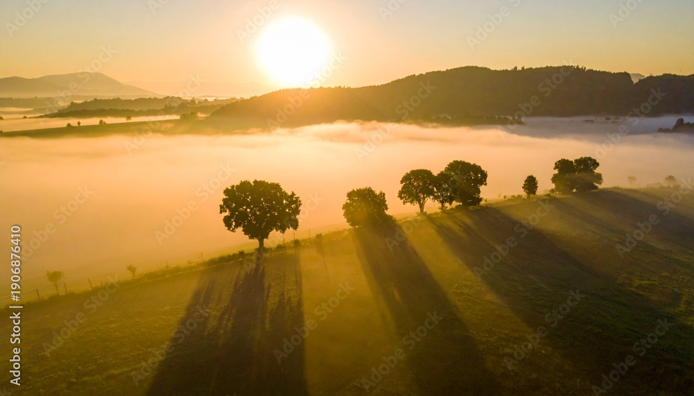 Fototapeta premium Golden Sunrise Over Mist Filled Valley Creating Ethereal Light and Shadows Across the Trees and Landscape.