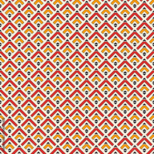 Arrows, scales seamless pattern. Ethnic, tribal print. Squama, chevrons ornament. Repeated arrowhead, triangular shapes background. Native americans ornamental wallpaper. Vector abstract digital paper