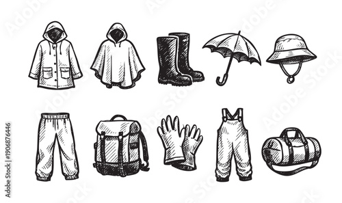 Monochrome sketch-style illustration of rain gear, including raincoat, boots, umbrella, gloves, and bag. Ideal for travel, outdoor activity, or camping content.