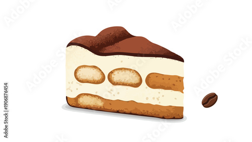 A vibrant digital illustration of a perfectly layered tiramisu dessert slice, artfully presented with its characteristic cream and cake elements,