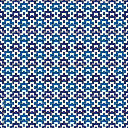 Geometric pixel art seamless pattern. Retro arcade game motif geo print. Repeated arcs, brackets mosaic background. Simple ornamental wallpaper. Vector artistic abstract ornament