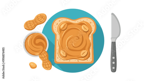 Peanut butter toast illustration with whole peanuts and spreading knife. This wholesome, quick, and delicious breakfast snack provides great energy