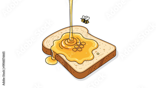 Golden nectar cascading onto whole wheat toast a charming depiction of breakfast sweetness with a busy bee adding natural zest to the wholesome