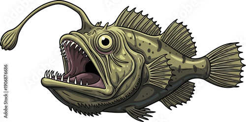Menacing green anglerfish with wide open mouth and sharp fangs